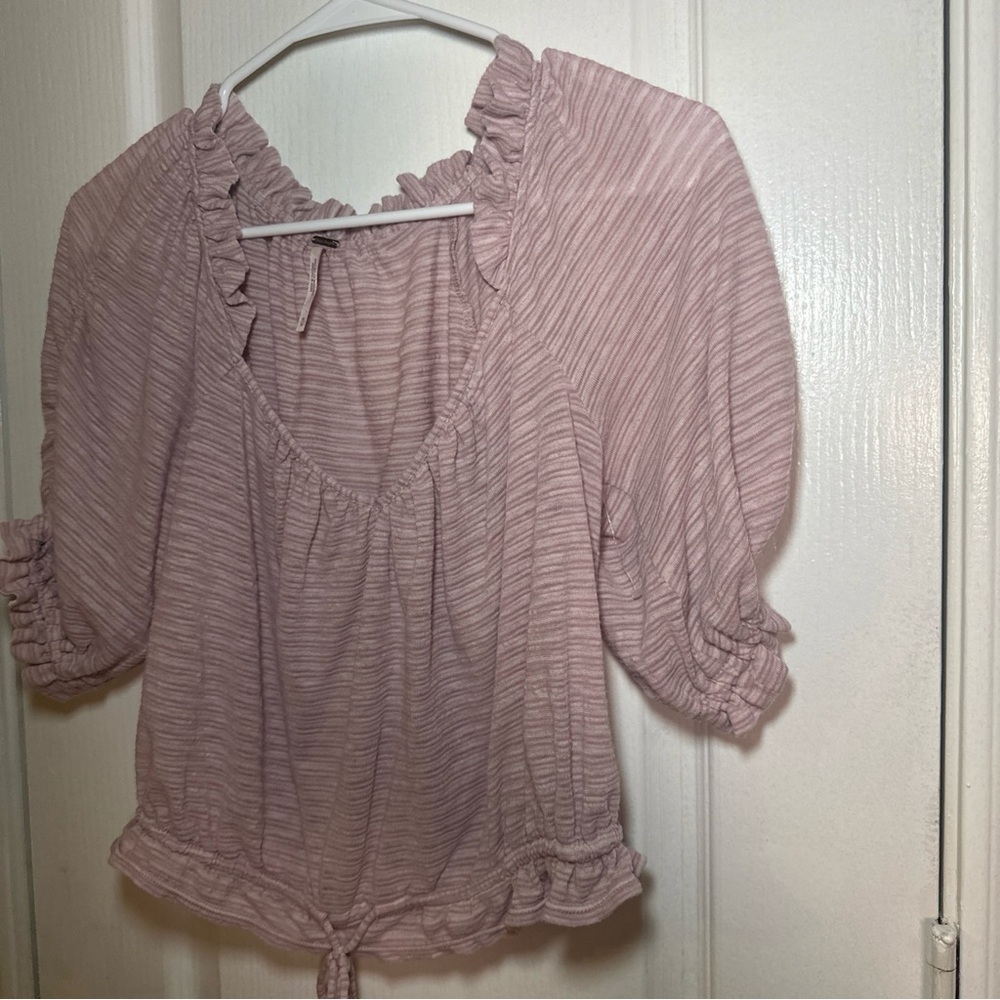 Free People Dorothy Fawn Pink stripe ruched sleeve,‎ neckline crop top size Med - Picture 5 of 8